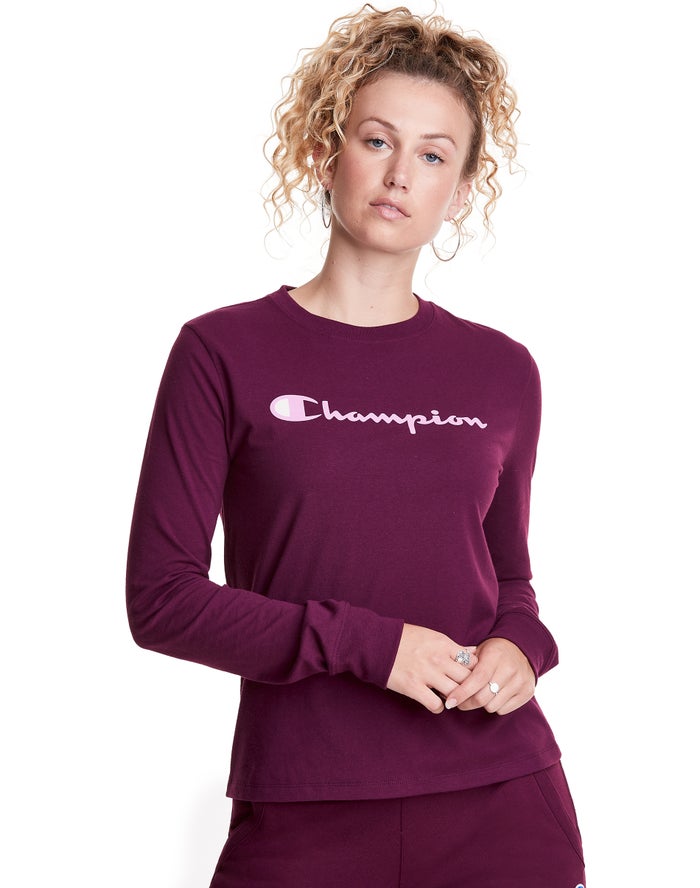 Champion Classic Long-Sleeve Script Logo - Naisten TummanVioletit T-Paita - Suomi 9328617-BY